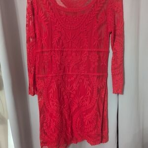 Express Vibrant Red Lace Long Sleeve Dress